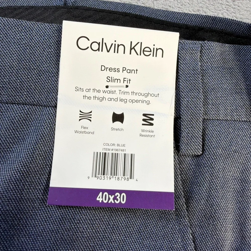 Calvin Klein Dress Pant Slim Fit Mens 40x30 Blue Stretch Wrinkle Resistant New